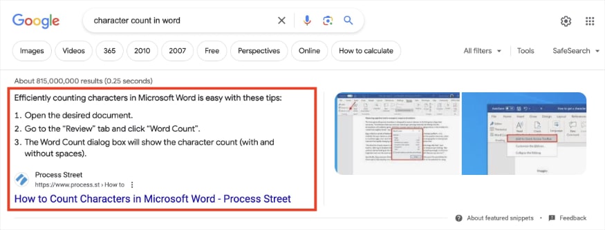Featured snippet on Google for the query character count in word shows how-to steps from Process Street.