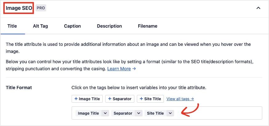 Image SEO settings in AIOSEO allow you to customize and automate image title tags.