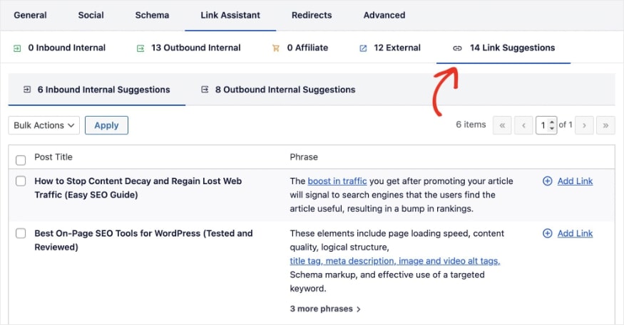 Link Assistant shows inbound internal linking suggestions.