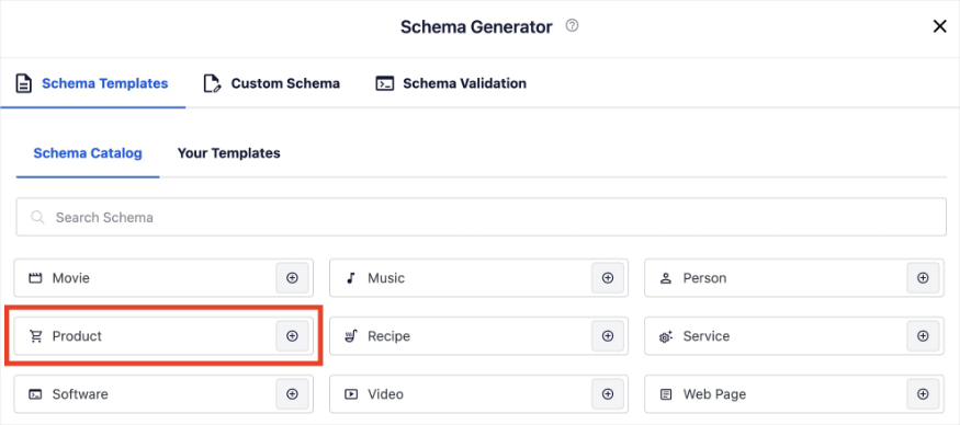 AIOSEO's schema generator has several schema types, including product.