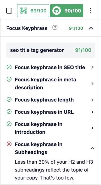 TruSEO focus keyphrase checklist with actionable insights.