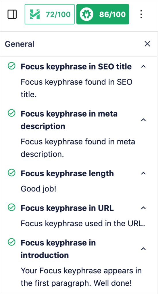 Focus keyphrase checklist in WordPress from AIOSEO.