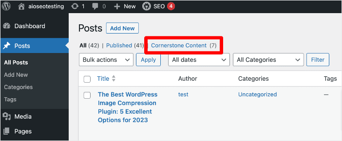 Cornerstone Content post list filter in the WordPress posts section.
