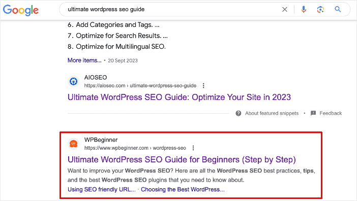 Example of search snippet on SERPs.